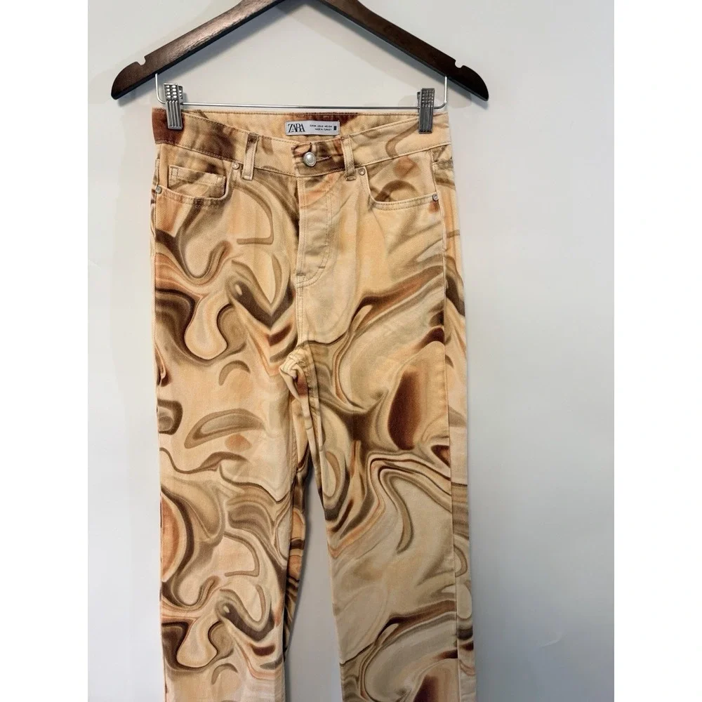 Zara Retro Swirl Jeans Womens Groovy Straight Leg Boot 27 X 32 Sz 2 Funky